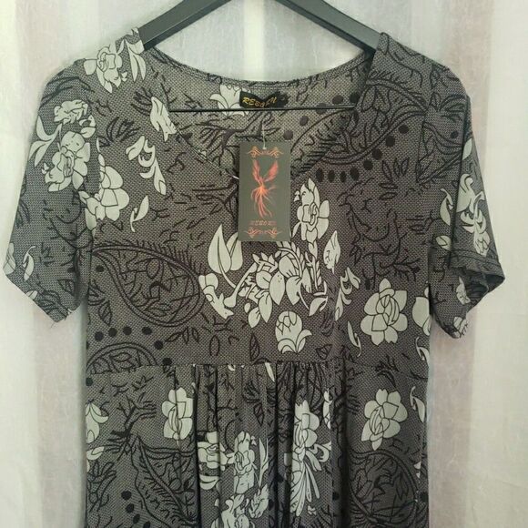 NWT REBORN Floral Gray Shirt Dress Short Sleeve Whimsy Goth Women's Size L - Picture 11 of 13